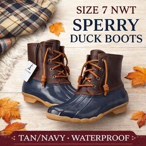 NIB Sperry Duck Boots Size 7 Tan Navy Waterproof Leather Lace-Up Rain Boots